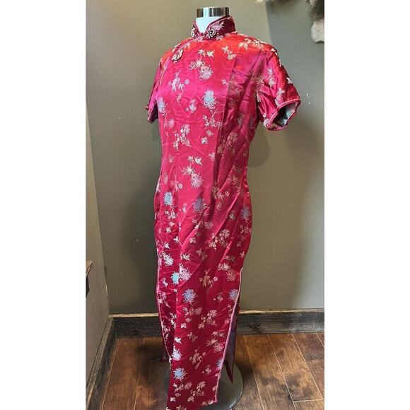 Vintage SOLZ Squirrel Red Rayon Satin Wiggle Fitted Dress Gown Size 42 - Picture 1 of 14